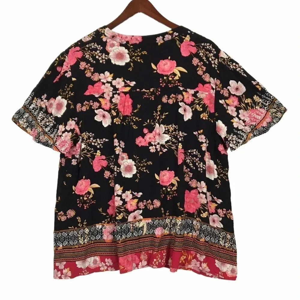 Knox Rose Womens Size XXL 2XL Floral Button Up Short Sleeve Top Shirt Career - Picture 2 of 13